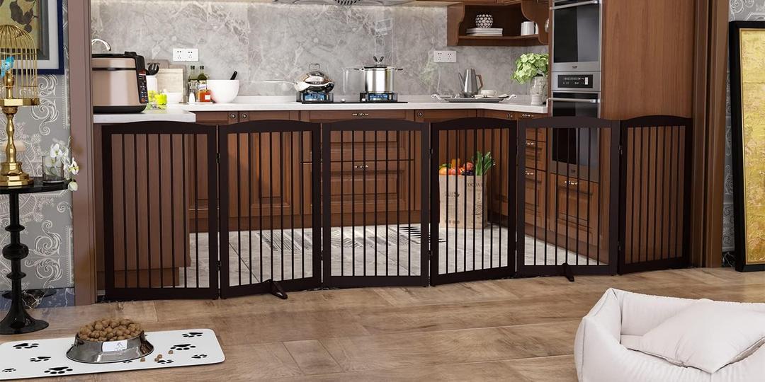 PUPETPO Freestanding Pet Gate for Dogs, Indoor Wooden Foldable Dog Gate for House, Extra Wide, Pet Fence for Stairs, Doorways, Halls, Support Feet Included, 120 Inch Wide, 6 Panels 32", Brown