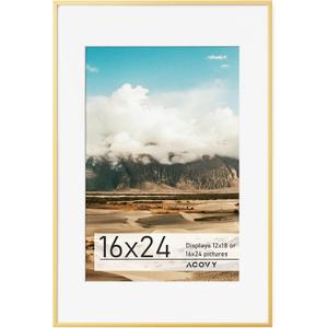 Acovy 16x24 Aluminum Picture Frame Matted to 12x18, 16 x 24 Poster Frame with HD Tempered Glass, Metal 24x16 Frame for Wall, Wall Hook Included (Gold, Pack of 1), 16"x24"-1P Real Glass