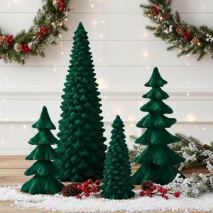 Thyle 4 Pcs Christmas Velvet Trees Set Christmas Resin Cone Tree Figurines Decorations Winter Table Centerpieces Rustic Flocked Home Mantel Tabletop Minimalist Decor for Xmas Holiday Ornaments (Green)