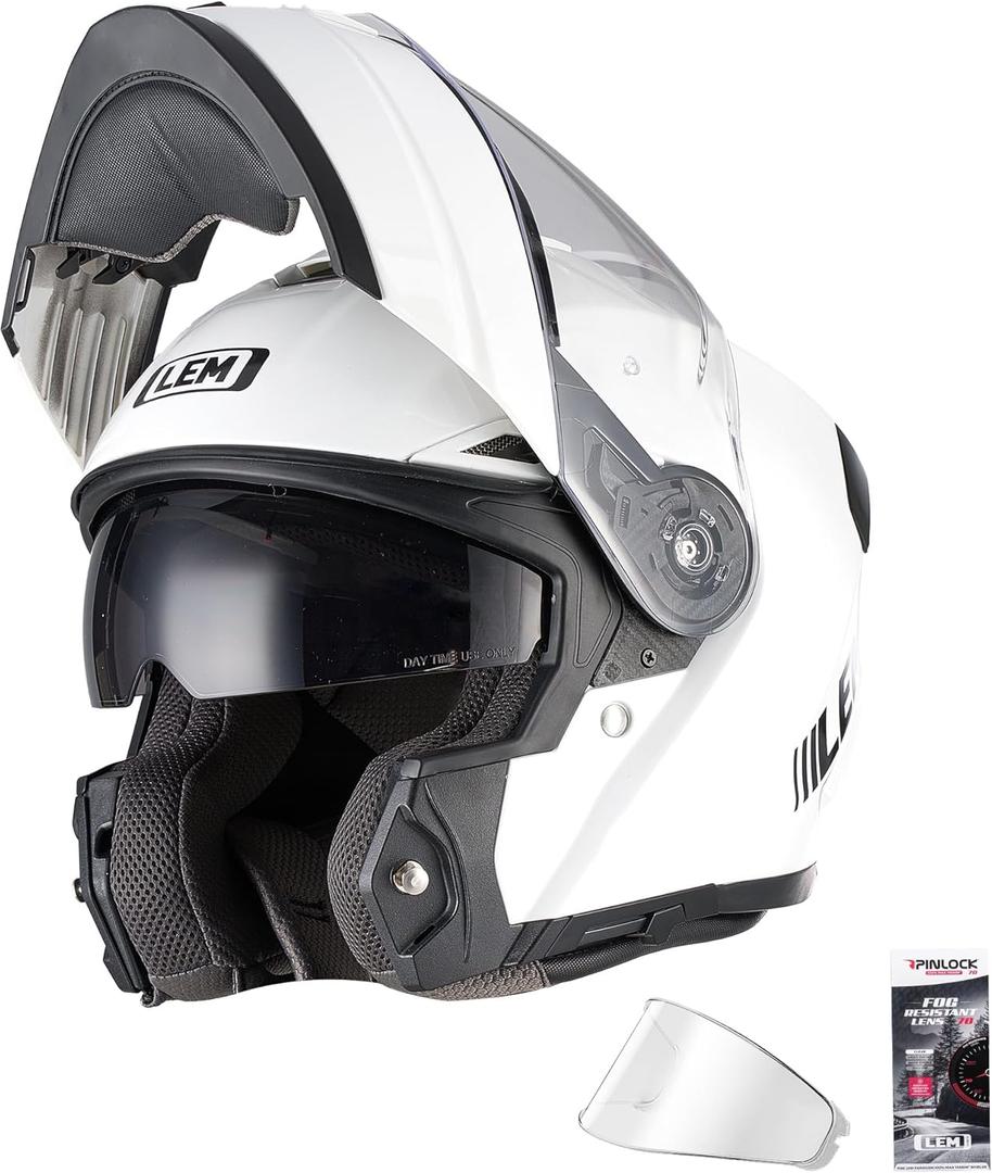 LEM Modular Motorcycle Helmets Fiberglass, Full Face Motorcycle Helmet Flip Up for Touring, DOT Certified, Release Sun Visor & Removable Comfort Liner, Lightweight Street Bike Helmet (White, XL)