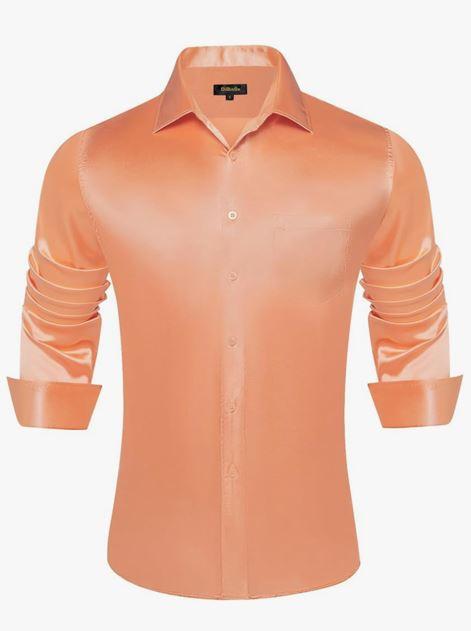 DiBanGu Mens Long Sleeve Button Down Shirt,Satin Shiny Dress Shirt for Men Solid Regular Fit Shirts with Pocket Wedding Party, Rust Orange, Size M