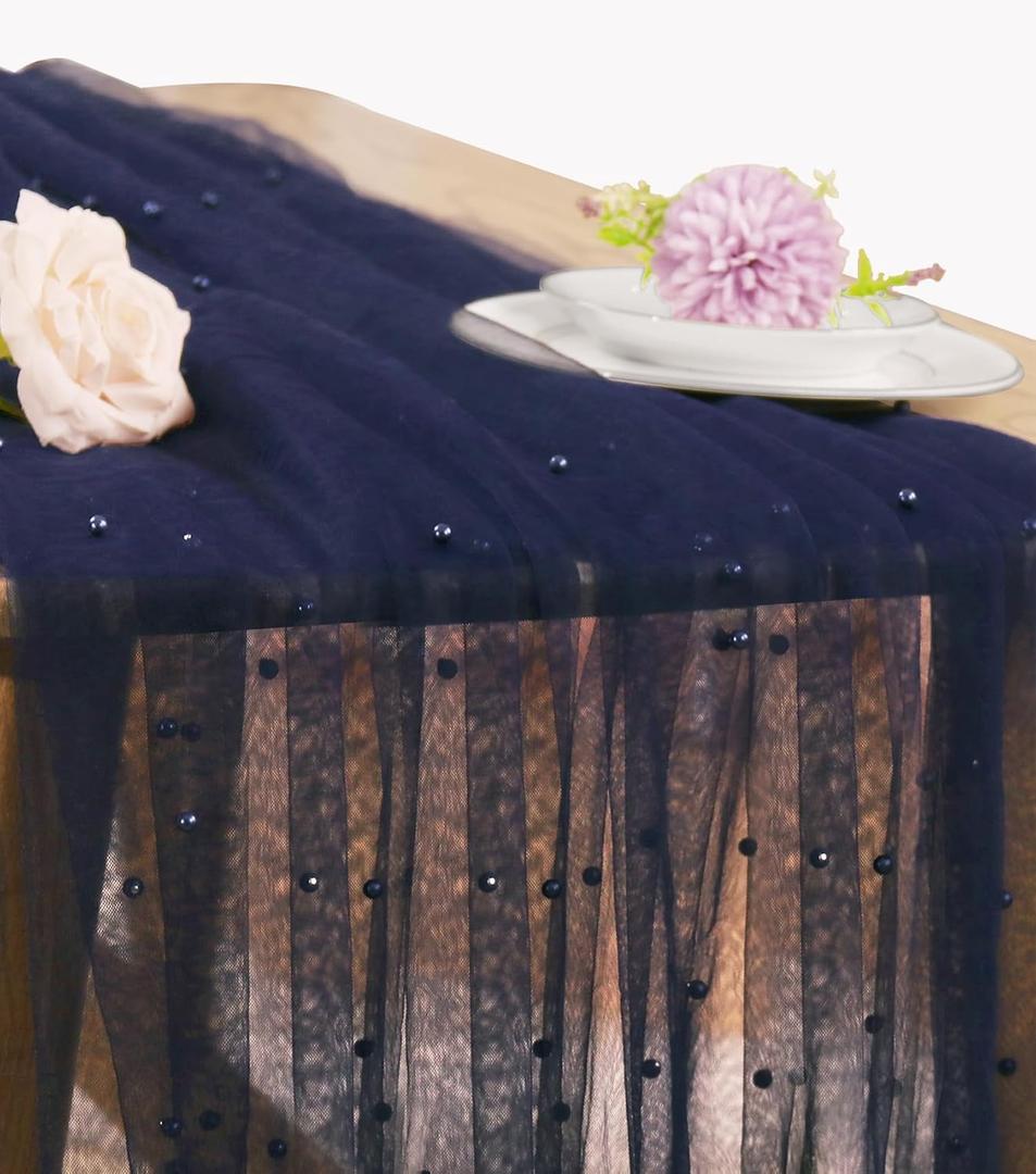 Pearl Table Runner 29 x 120 Inch Tulle Fabric Lace Table Runners for Bridal Shower Birthday Party Wedding Arch Dessert Table Decor(1 Pack, Navy Blue)