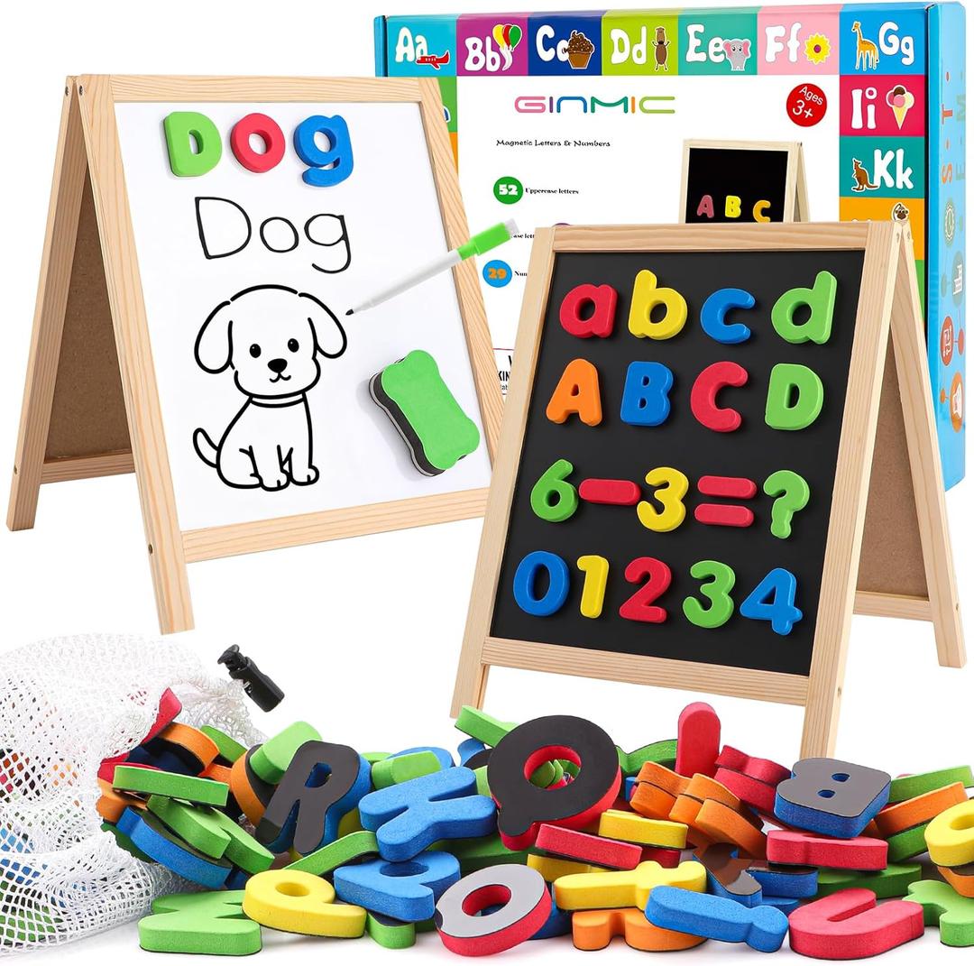 GINMIC Magnetic Letters and Numbers with Magnet Board, Alphabet ABC Magnets, Learning & Educational Toys - Uppercase Lowercase Math Symbols with Magnetic Whiteboard Chalkboard for Toddlers Kids