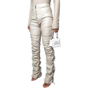 Sumleno High Waist Stacked Pants for Women Faux Leather Ruffle Ruched Leggings Y2k Black Pleated Sexy Aesthetic Streetwear (Medium, Beige)