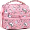 FlowFly Double Decker Cooler Insulated Lunch Bag Large Tote for Boys, Girls, Men, Women, With Adjustable Strap (Red-Unicorn)