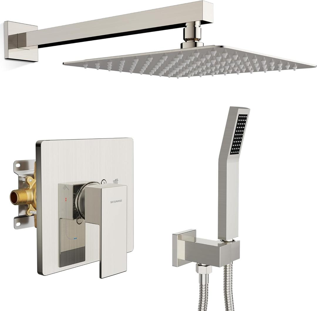 SR SUN RISE Shower Faucet Set & System - 10 Inch Rainfall Shower Head & Handle Set Wall Mounted Brushed Nickel Solid Brass Valve Trim Kit Included