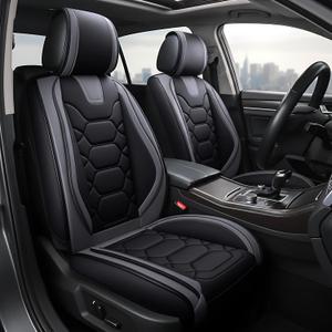 OASIS AUTO Car Seat Covers Front Seats, Sporty Honeycomb Waterproof Faux Leather Protectors, Universal Fit for SUV, Sedan, Truck Interior Accessories (OS-004 Black&Gray)