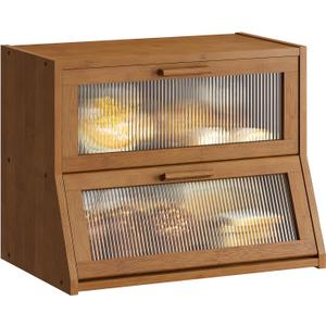 GHWIE Double Layer Bamboo Bread Box for Kitchen Counter,Large Capacity Bread Storage Bin,Bread Container with Acrylic Wavy Door Panel (Brown, Medium)