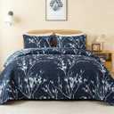 Queen Quilt Bedding Set, 3 Pieces Navy Floral Bedspread | Reversible Lightweight Flower Quilted Coverlet (96x90 Inch) with 2 Pillowcases for All Seasons
