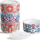 Ceramic Bowl with Lid: Microwave Safe Soup Containers Set of 4 for Meal Prep, Cereal, Salad, Picnic, Camping, Office Lunch, Kitchen Food Storage - 5 Inch, 20 oz, Design A