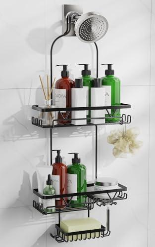 DAOYA Shower Caddy Hanging, Anti-Swing Over Head Shower Caddy, Rustproof Bathroom Organizer with Soap Holder & Hooks
