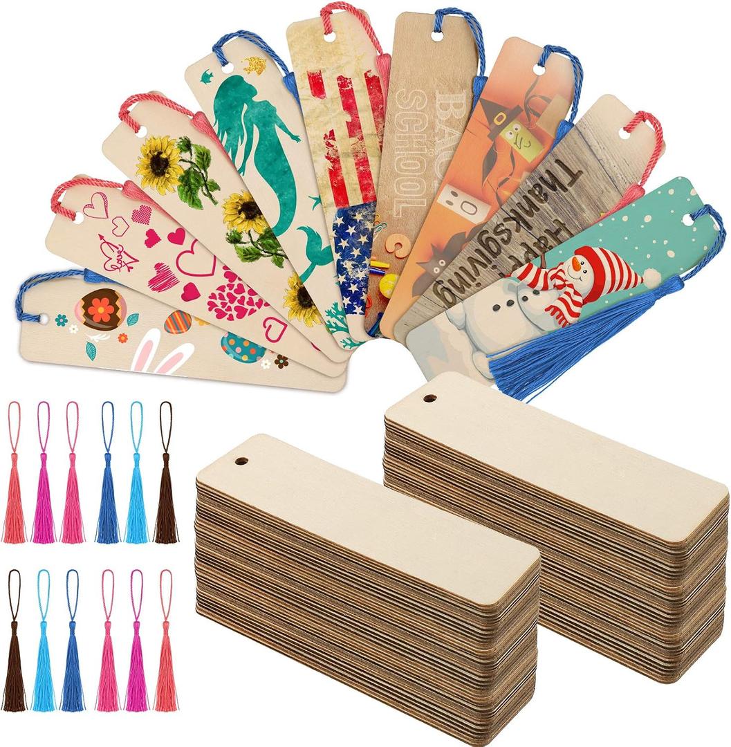 Zonon 36 Pieces Wood Bookmark Blank Bulk Unfinished Bookmarks with Tassels DIY Craft Wooden Hanging Tag Ornaments with Holes for Back to School Classroom Christmas Gift, 4. 7 x 1. 2 Inch
