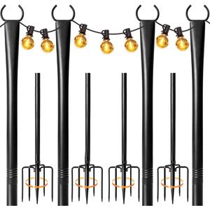 4 Pack String Light Poles for Outside, Heavy-Duty Metal Light Poles for Outdoor String Lights with Fork, Adjustable Lighting Accessories for Patio Decor Backyard Yard Pergola Garden Decorations