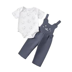 SUNNY PIGGY Baby Boy Clothes Newborn Outfits Short Sleeve Bear Print Romper Adjustable Suspender Overalls Jumpsuit Grey-3-6M