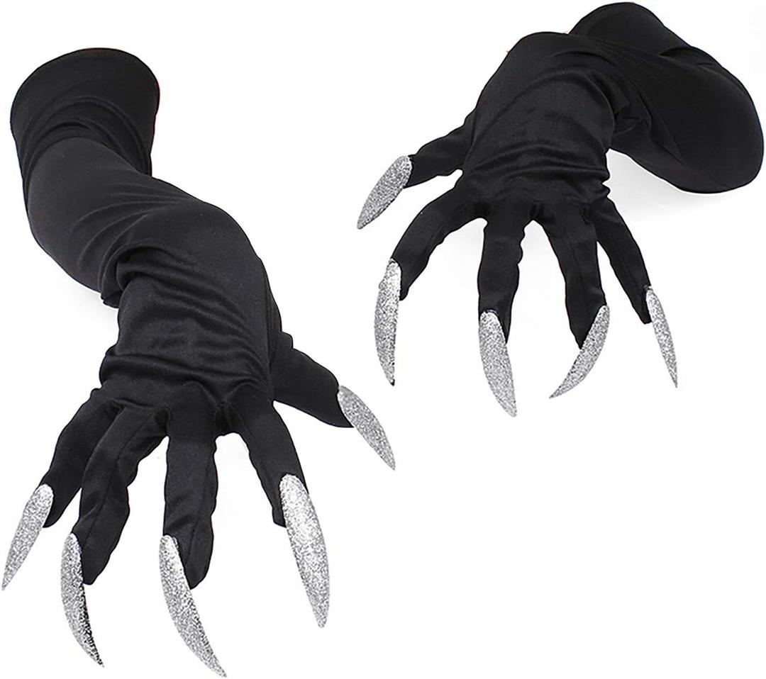 Halloween Costume Paw Gloves Long Fingernails Black Party Gloves Cat Claws Halloween Prop Wolf Claws Glove Cosplay Costume (Silver)