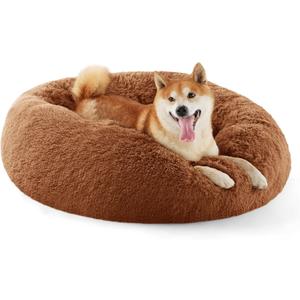 Bedsure Calming Dog Bed for Medium Dogs - Donut Washable Medium Pet Bed, 30 inches Anti-Slip Round Fluffy Plush Faux Fur Cat Bed, Fits up to 45 lbs Pets, Copper