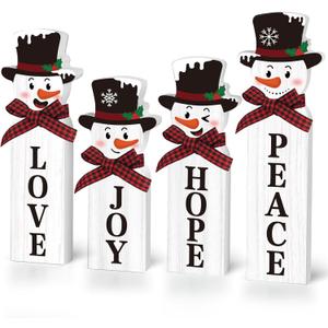 Christmas Snowman Decorations, Wooden Snowman Joy Table Centerpiece Sign, Winter Tiered Tray Decor for Xmas Holiday Home Decor (Snowman)