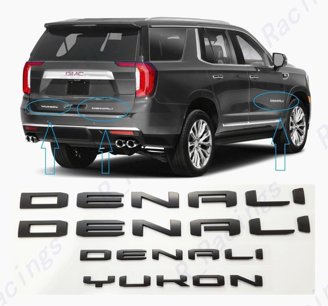4Pc Set Denali Yukon Emblems Fender Door Rear Tailgate Letters Nameplate 3D Badge Replacement for 2021-2023 Yukon Yukon XL (Matte Black)