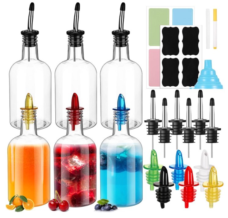 Maxcheck 6 Set 16 oz Plastic Long Neck Bottles with Rainbow Pourer and Caps Plastic Juice Pour Bottles with Stainless Steel Pourer Tapered Spout Syrup Pourers for Juice Store