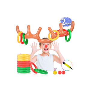 2 Set Inflatable Reindeer Antler Game (2 Reindeer Antler Hat with 12 Ring Toss, 2 Red Reindeer Nose, 1 Medal and 1 Hand-held Pump) Great Family Christmas Party Games