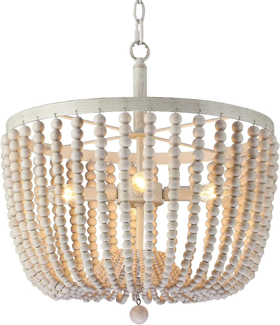 4 Light 17 Inch Pendant Light Nature Wood Beaded Chandelier White Finish,Boho Semi Flush Mount Ceiling Light Fixtures for Hallway Baby's Nursery Bedroom Kitchen Living Room (17" Wood 4 Light, White Wood)