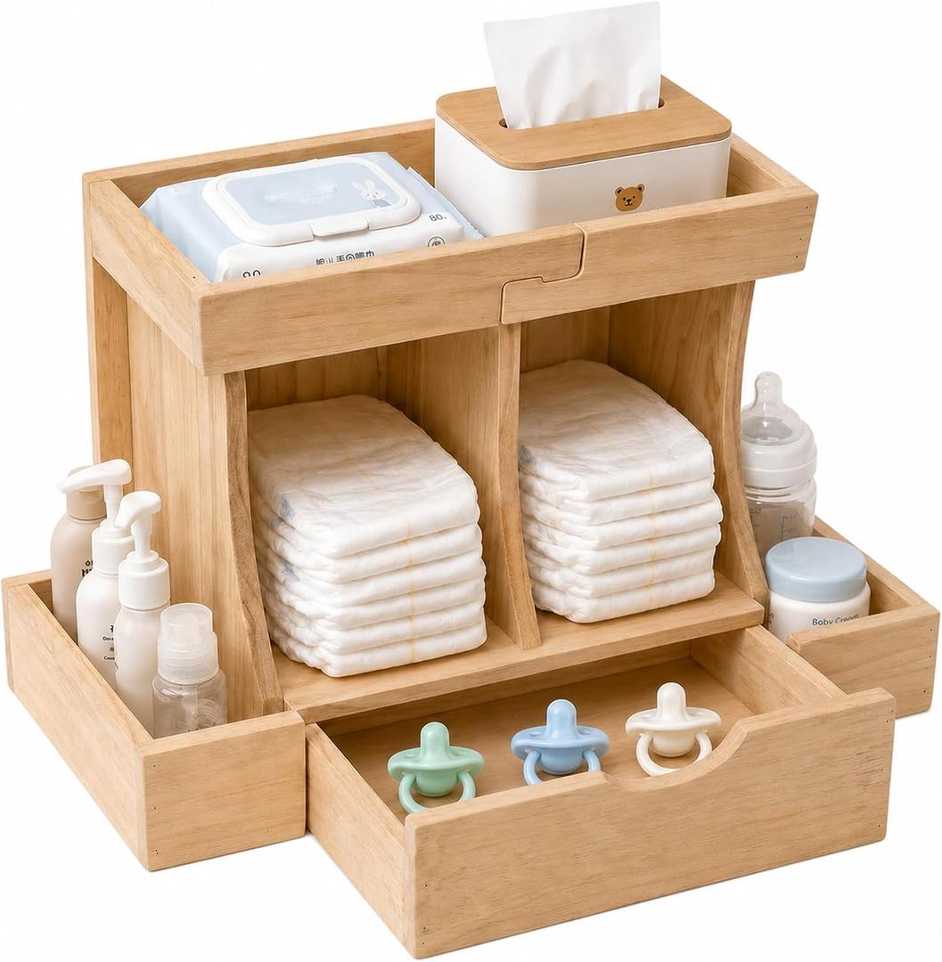 Diaper Organizer with Drawer, Wooden Changing Table Organizer
Large Diaper Caddy with Multi Compartment Nursery Storage, Wooden Diaper Organizer Keeps Diapers, Wipes & Baby Essentials