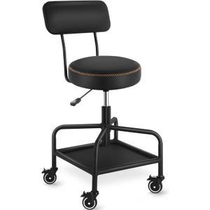 Shop Stool with Lockable Rubber Wheels Adjustable Backrest Tool Tray Storage 400 lb Capacity Rolling Garage Stool (Black)