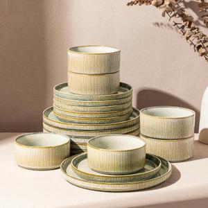 GBHOME 18-Piece Stoneware Dinnerware Set for 6 Ribbed Ceramic Plates and Bowls, Scratch-Resistant, Microwave & Dishwasher Safe, Reactive Glaze, Desert Sage