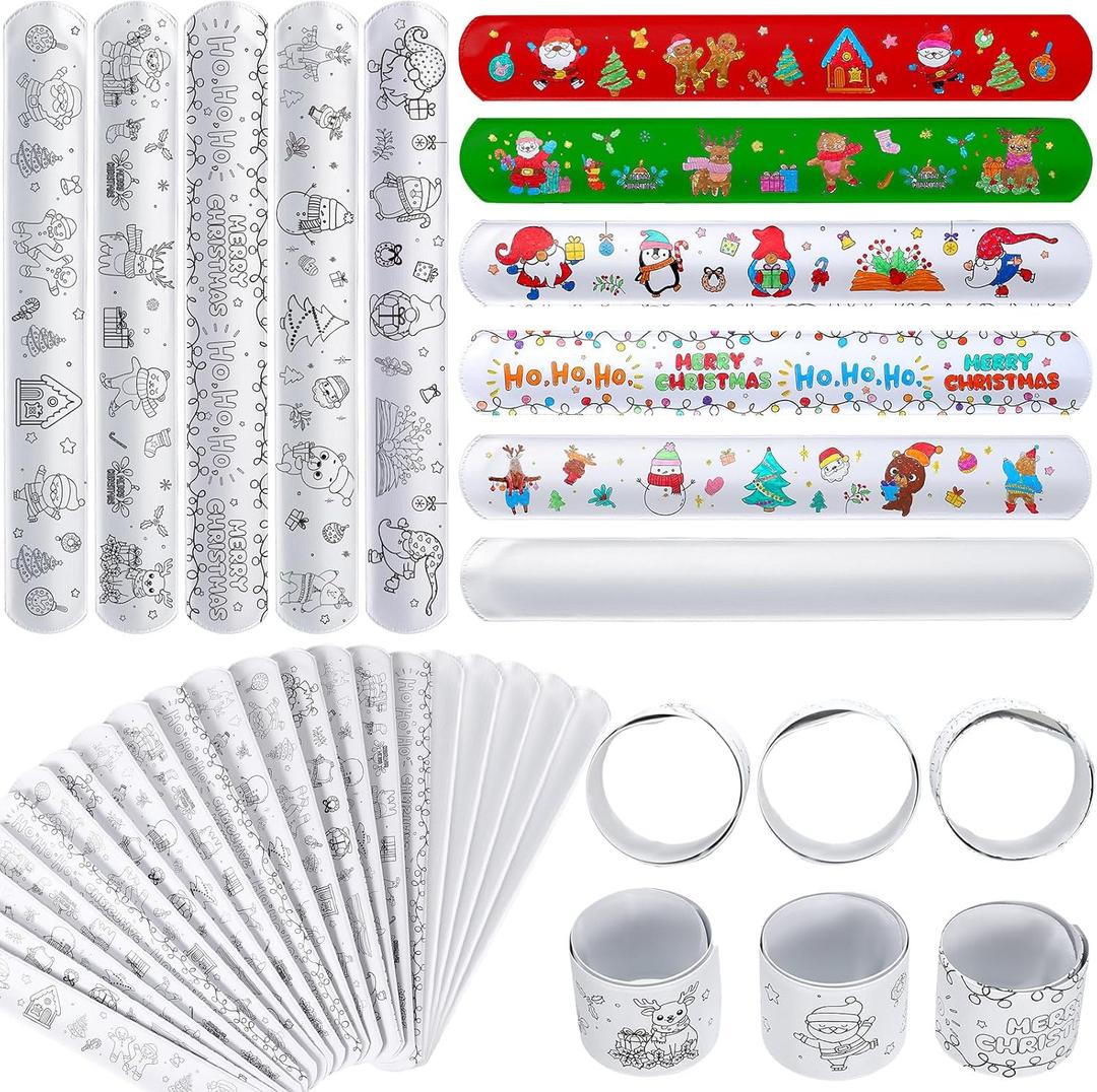 Liliful 72 Pcs Christmas Color Your Own Slap Bracelets Wristbands Xmas Slap Bands DIY Blank Snap Bracelet Christmas Creation Crafts for Kids, 5 Styles