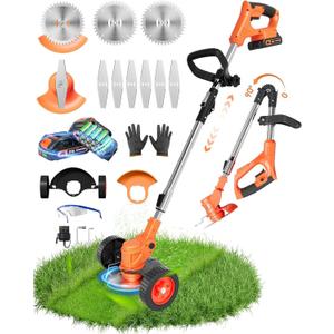 21V Cordless Weed Wacker, 2-in-1 Electric Weed Eater Battery Powered with Wheel and Blade, Stringless Grass Trimmer for Garden Yard, 90° Collapsible