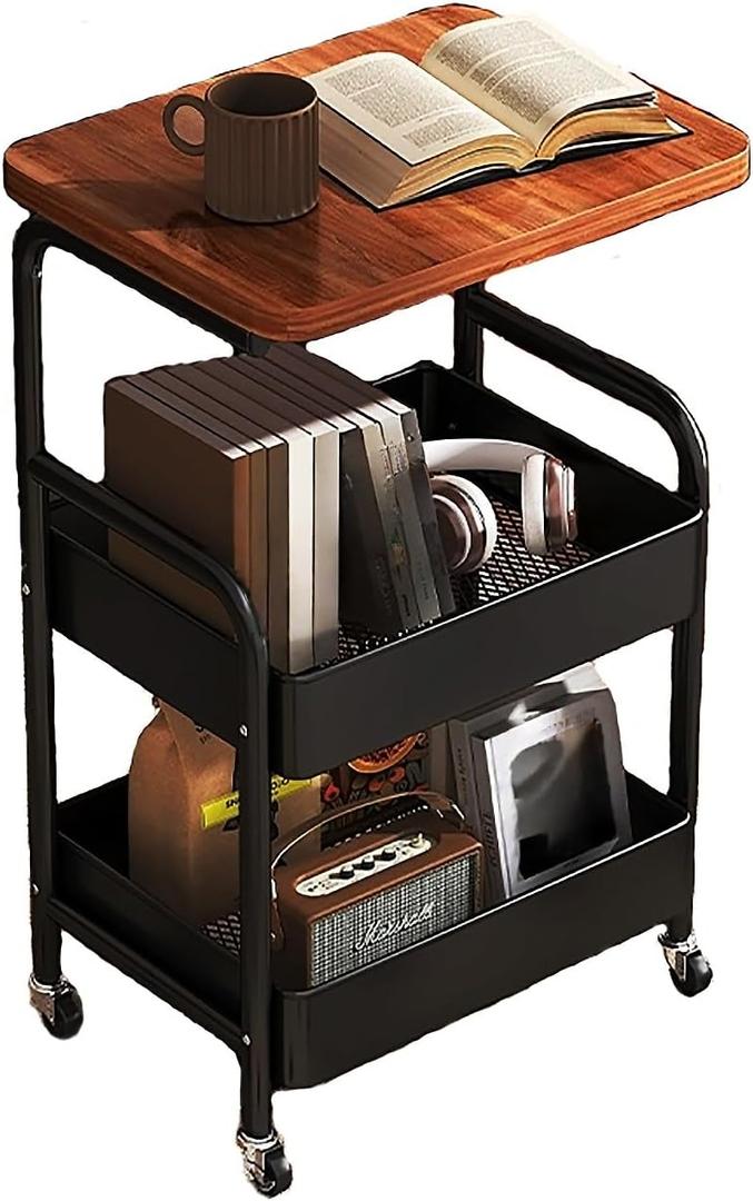 3Tier Rolling Cart - Metal Utility Cart with Wheels, Heavy Duty Mesh Rolling Storage Cart Organizer for Kitchen Office Bedroom Living Room Slide Table (Black)