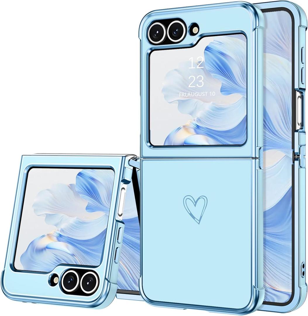 BENTOBEN for Samsung Galaxy Z Flip 6 5G Case, Cute Heart Luxury Gold Plating Slim Flexible TPU Bumper Protective Galaxy Z Flip6 Cover, Women Girls Phone Case for Samsung Z Flip 6 6.7'',Blue