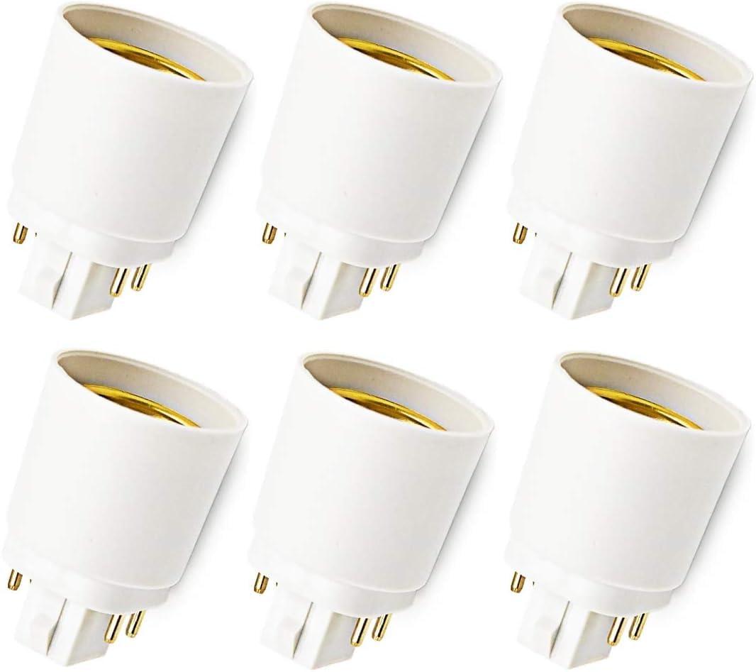 6-Pack Gx24q to E26/E27 Socket Adapter, 4 Pin Short GX24 to Medium Edison Screw Base Converter Replace PL GX24Q Holder, Must Rewire/Remove/Bypass The Ballast
