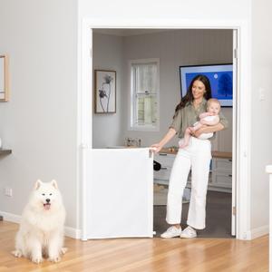 Perma Child Safety Indoor Outdoor Ultimate Retractable Baby Gate, 38.6" Tall Extends to 79" Wide, White
