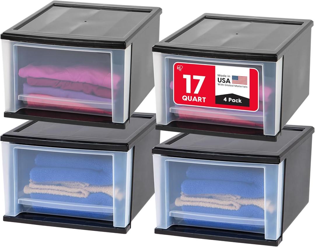 IRIS USA 17 Qt. Medium Plastic Stacking Drawer, Stackable Storage Organizer Unit with Sliding Drawer for Bedroom Kitchen Under Sink Pantry Craft Room Dorm Office, Black, 4-Pack