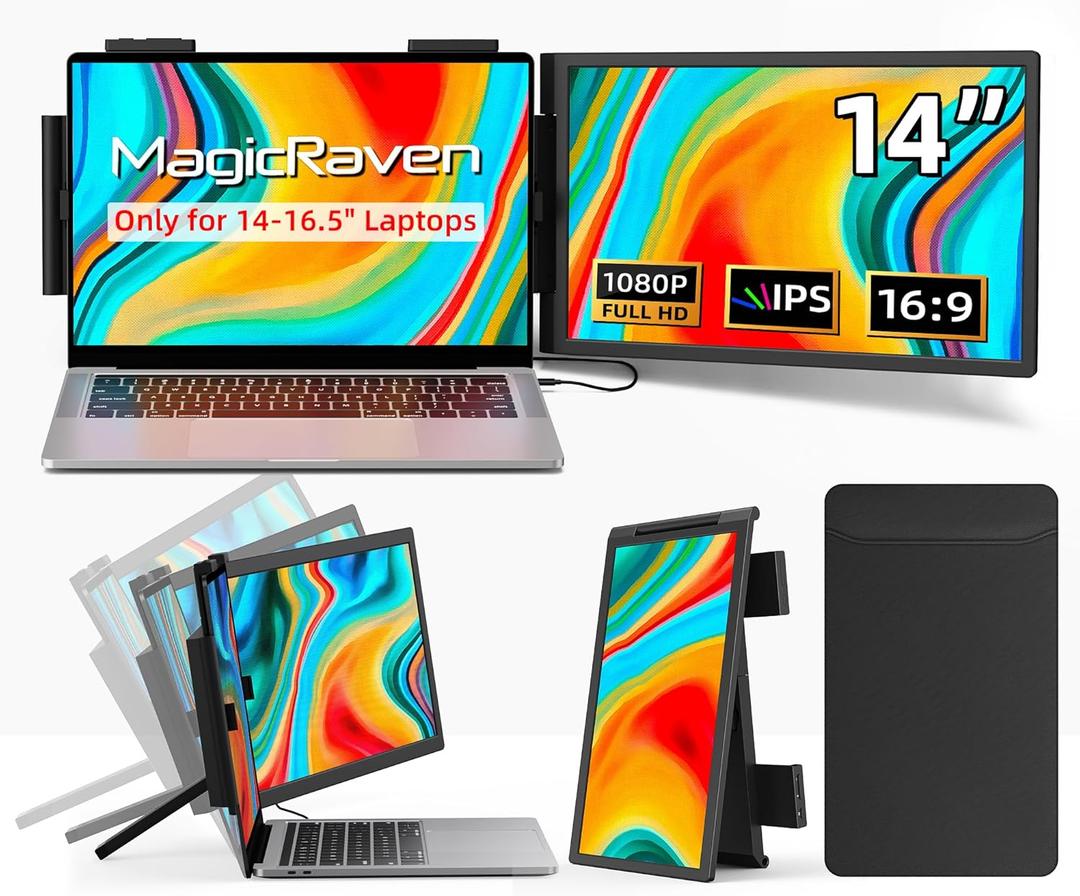 Laptop Screen Extender, 14" 1080P IPS Portable Monitor Travel Monitor for 14-16.5" Laptops with USB-C/HDMI Port, Plug and Play Attachment Screen for Windows/Mac/Android/Switch/PS5/Xbox