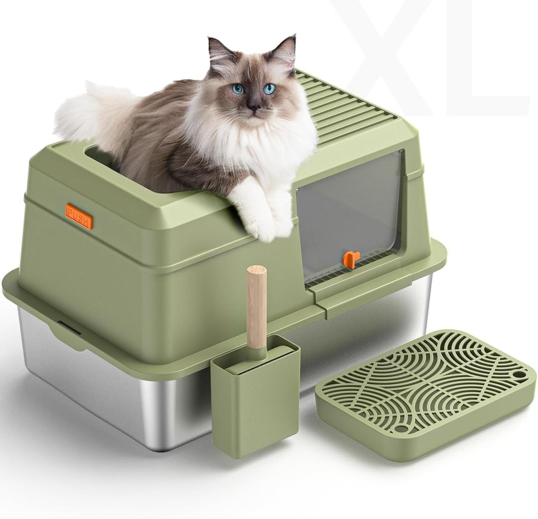 XL Enclosed Stainless Steel Litter Box with Lid Include Pedal Scoop