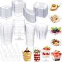 Tessco for you 160 Pcs Mini Appetizer Plates Dessert Cups Spoons Forks Set Dessert Containers Assorted Shape Plastic Parfait Cups Disposable Spoon Forks for Party Serving (Clear)