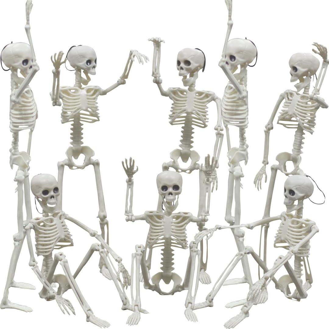 8pcs Halloween Skeleton Decorations, 16" Small Poseable Full-Body Skeletons with Movable Joints, Hanging Plastic Skeletons for Graveyard, Haunted House, Halloween Decor for Indoor and Outdoor