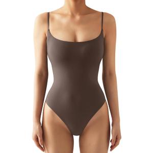 SUUKSESS Women Sexy Square Neck Thong Bodysuit Backless Cami Bodysuit Top (Brown, S)