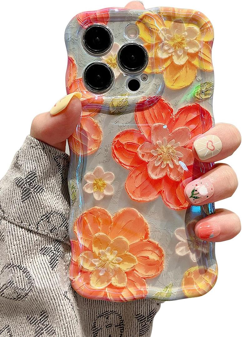 EYZUTAK Case for iPhone 15 Pro, Colorful Retro Oil Painting Flower Laser Glossy Cute Curly Wave Edge Case Stylish Durable Soft TPU Protective Phone Cover for Girl Women - Pink Flower/Green