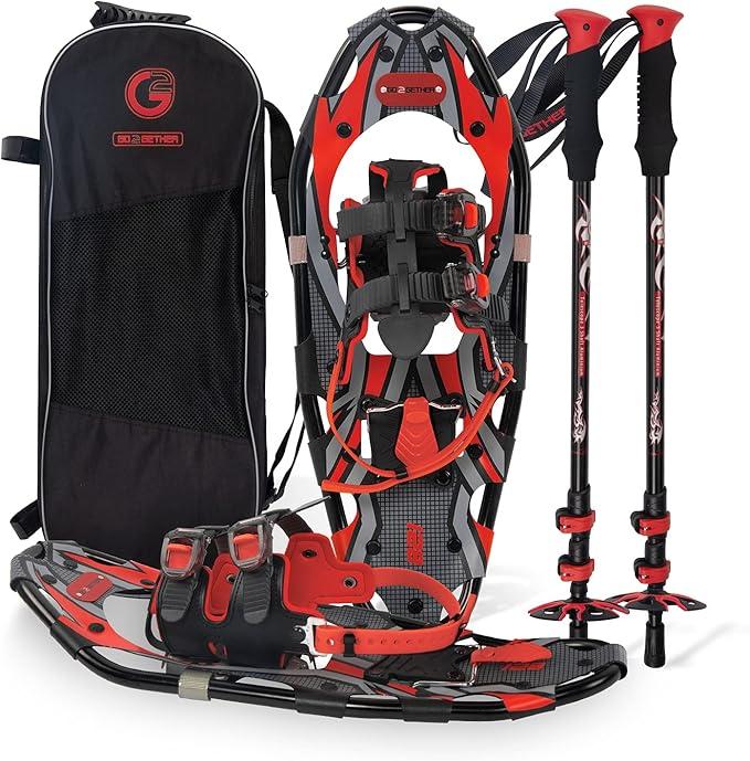 G2 36 Inches Red Light Weight Snowshoes for Women Men Youth, Set with Trekking Poles, Tote Bag, Special EVA Padded Ratchet Binding, Heel Lift, Toe Box 