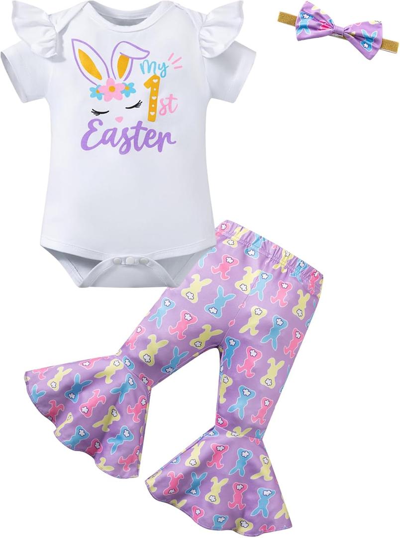 Okbebe Baby Girl My 1st Easter Outfits 3Pcs Infant My First Easter Bunny Pants Set (3-6 Months, White)