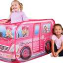 Barbie Coastal Cowgirl Camper Pop-Up Play Tent for Kids Indoor Playhouse with Roll-Up Door & Roof Openings Easy Setup, Folds Flat for Storage Safe for Toddlers & Kids Ages 3+