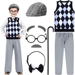 Liitrsh 8 Pcs Old Man Costume for Kids Grandpa Costume 100 Days of School Halloween Vest and Pants for Boys (5-7 Years, Blue Grey Plaid)