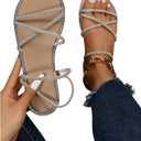 OYOANGLE Women's Rhinestone Strappy Open Toe Slide Sandals Slip on Casual Flat Sandals, Size 8.5