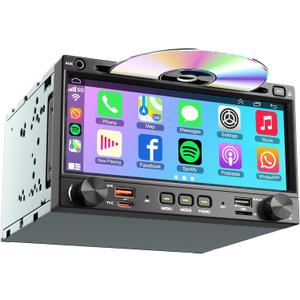 Double Din Carplay Car Radio with CD/DVD, 7 Inch Touchscreen Stereo with Wireless CarPlay & Android Auto Support Backup Camera, Bluetooth & Voice Control, Mirror Link, Subwoofer,SWC, AM/FM Radio