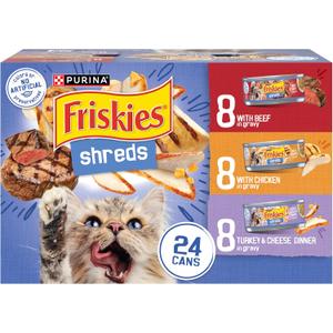 Purina Friskies Gravy Wet Cat Food Variety Pack, Shreds With Beef, With Chicken, and Turkey and Cheese Dinner - (Pack of 24) 5.5 oz. Cans (EXP 09/01/27)