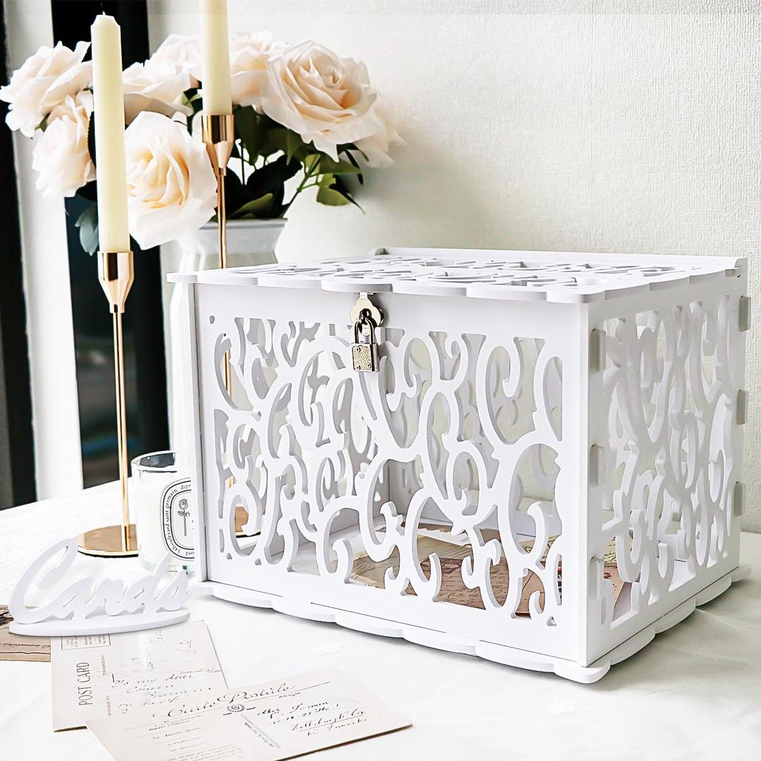 OurWarm DIY White Wedding Card Box with Lock PVC Card Box Graduation Card Box Perfect for Weddings, Baby Showers, Birthdays, Bridal or Baby Showers