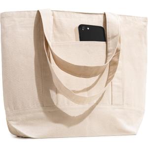 Carrywell |Not Made in China| 3 Pack Canvas Tote Bags W/Zipper Closure and Front Pocket, Heavy Duty Organic Cotton, Blank Reusable Shopping Bags (Natural)